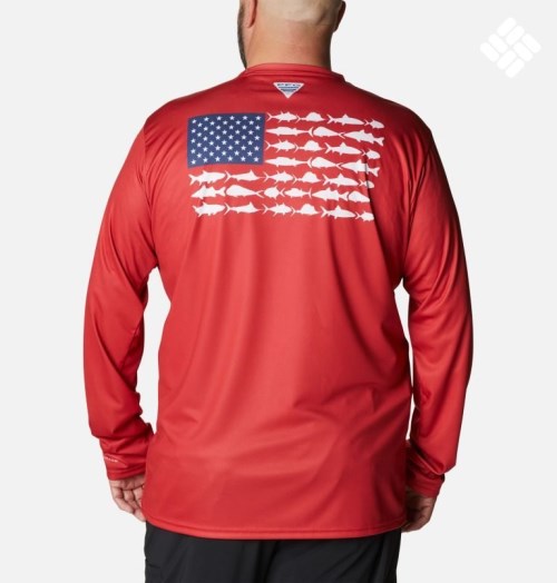 Men's Columbia PFG Terminal Tackle Fish Flag Long Sleeve Sweatshirts Red | Plus Size CA-QLAC4